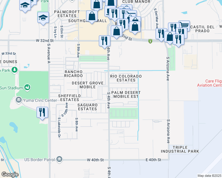 map of restaurants, bars, coffee shops, grocery stores, and more near 391 West Casa Blanca Drive in Yuma