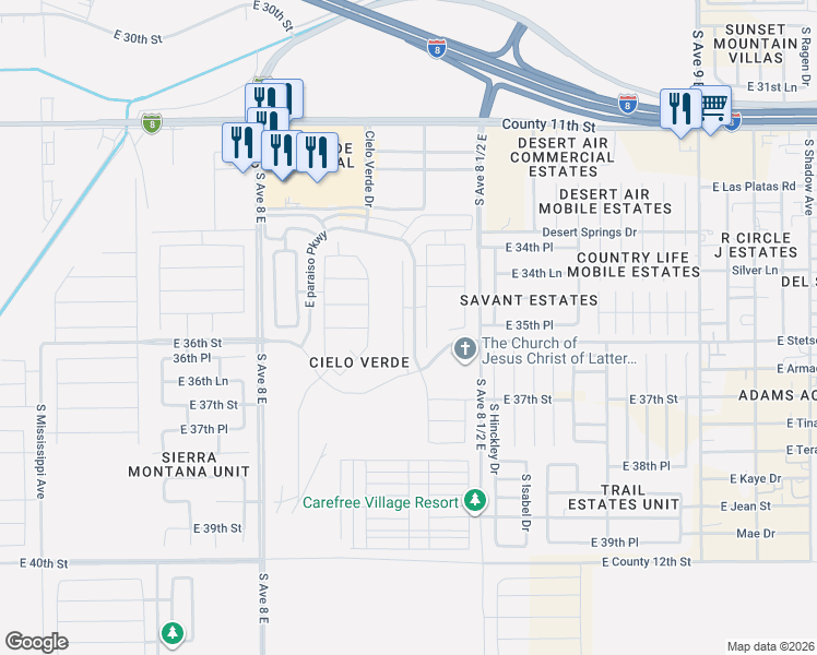 map of restaurants, bars, coffee shops, grocery stores, and more near 3554 South Hinckley Drive in Yuma