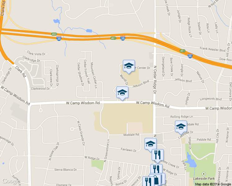 map of restaurants, bars, coffee shops, grocery stores, and more near 6363 West Camp Wisdom Road in Dallas