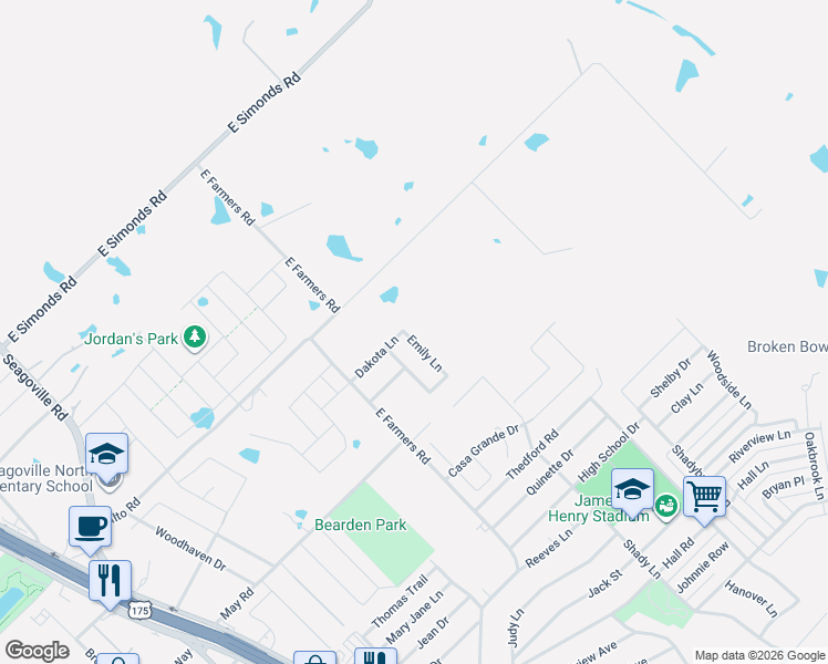 map of restaurants, bars, coffee shops, grocery stores, and more near 1634 Emily Lane in Seagoville