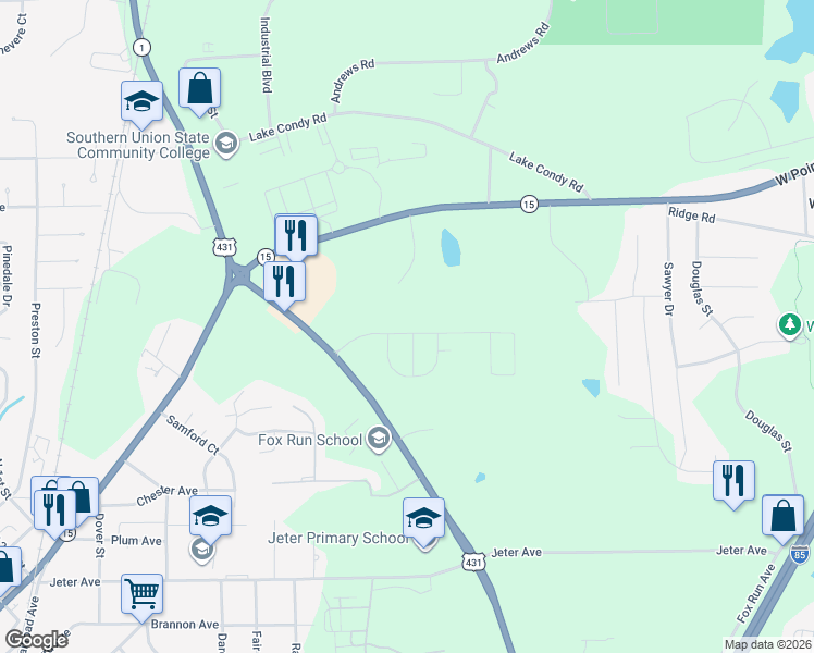 map of restaurants, bars, coffee shops, grocery stores, and more near 1500 Pinehurst Drive in Opelika