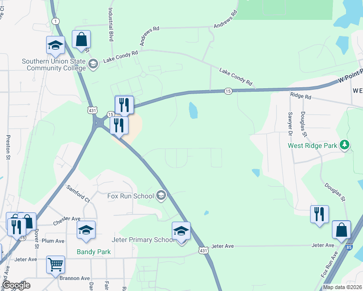 map of restaurants, bars, coffee shops, grocery stores, and more near 1500 Pinehurst Drive in Opelika