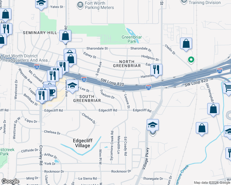 map of restaurants, bars, coffee shops, grocery stores, and more near 1225 California Parkway North in Fort Worth