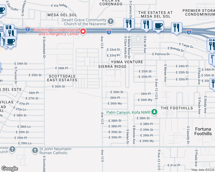 map of restaurants, bars, coffee shops, grocery stores, and more near 12140 East 35th Street in Yuma