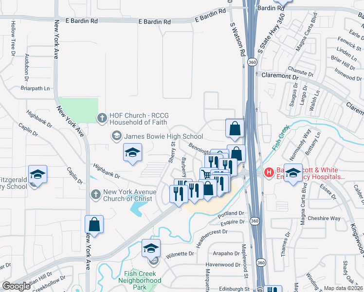 map of restaurants, bars, coffee shops, grocery stores, and more near 2300 Clareton Drive in Arlington