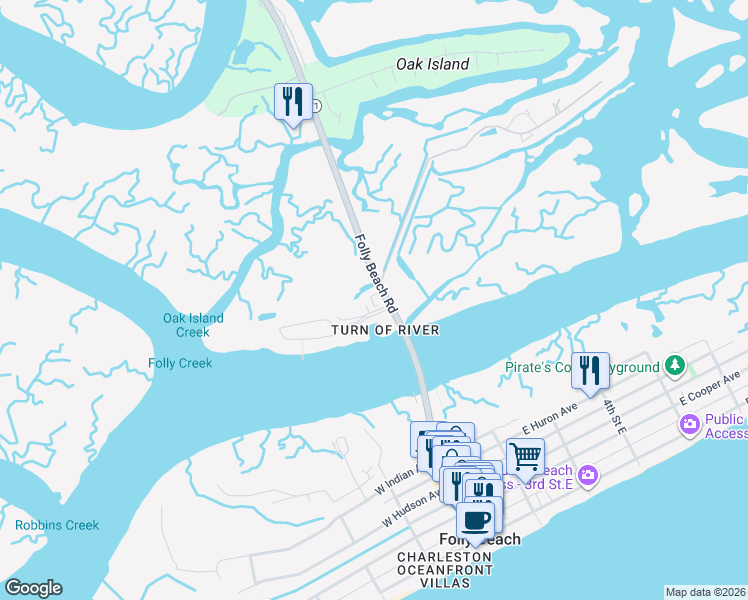 map of restaurants, bars, coffee shops, grocery stores, and more near 2393 Folly Road in Folly Beach