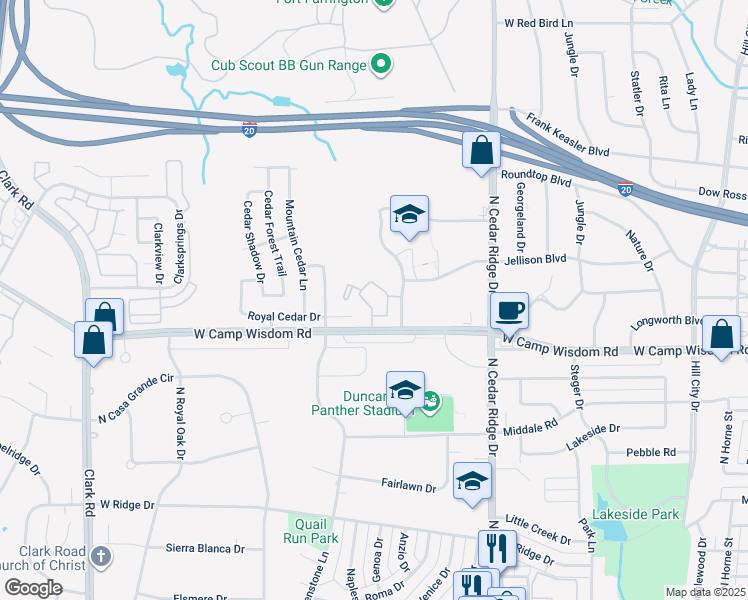 map of restaurants, bars, coffee shops, grocery stores, and more near 6363 West Camp Wisdom Road in Dallas