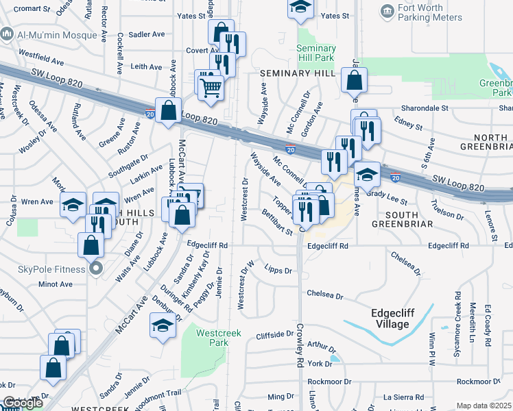 map of restaurants, bars, coffee shops, grocery stores, and more near 5528 Randell Avenue in Fort Worth