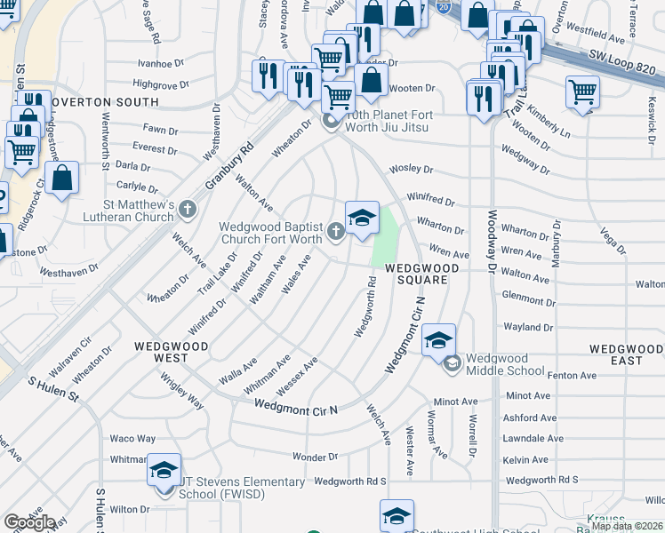 map of restaurants, bars, coffee shops, grocery stores, and more near 5601 Walla Avenue in Fort Worth