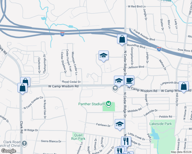 map of restaurants, bars, coffee shops, grocery stores, and more near Camp Wisdom Road in Dallas