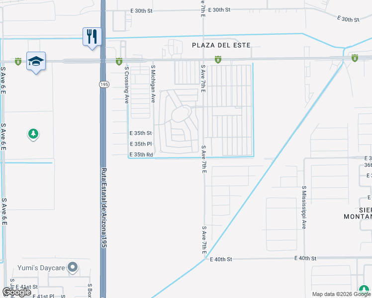 map of restaurants, bars, coffee shops, grocery stores, and more near 3400 South Avenue 7th East in Yuma