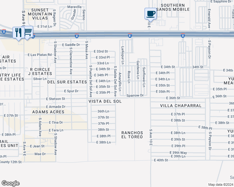 map of restaurants, bars, coffee shops, grocery stores, and more near 3565 South Salida Del Sol Avenue in Yuma