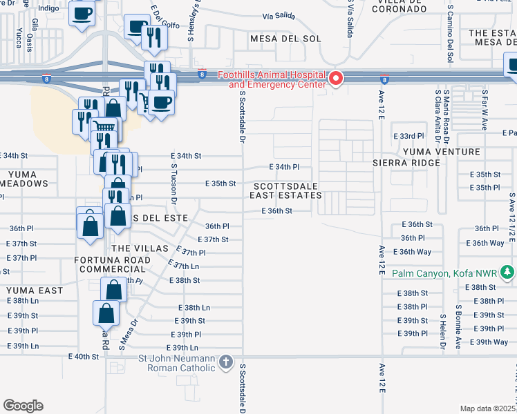 map of restaurants, bars, coffee shops, grocery stores, and more near 11525 East 35th Place in Yuma