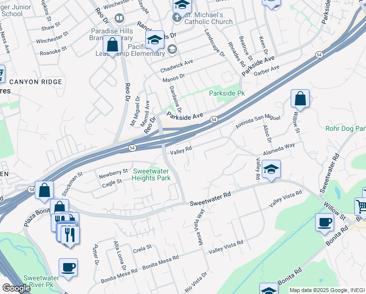 map of restaurants, bars, coffee shops, grocery stores, and more near 3431 Valley Road in Bonita