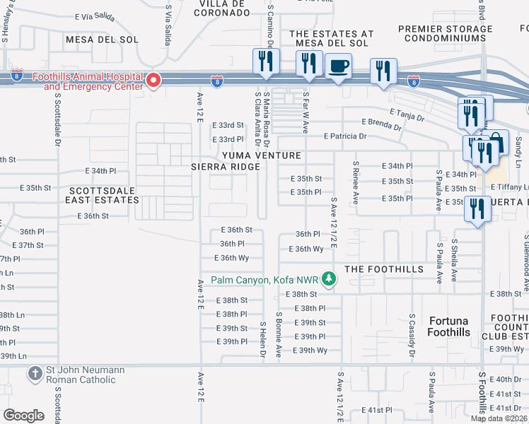 map of restaurants, bars, coffee shops, grocery stores, and more near 11460 South Maria Rosa Drive in Yuma