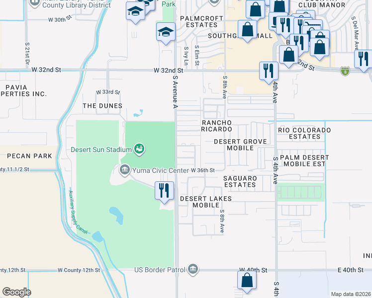 map of restaurants, bars, coffee shops, grocery stores, and more near 1186 West Kings Lane in Yuma