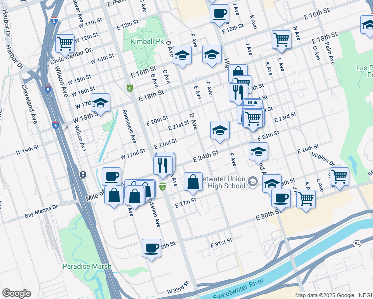 map of restaurants, bars, coffee shops, grocery stores, and more near 312 East 22nd Street in National City