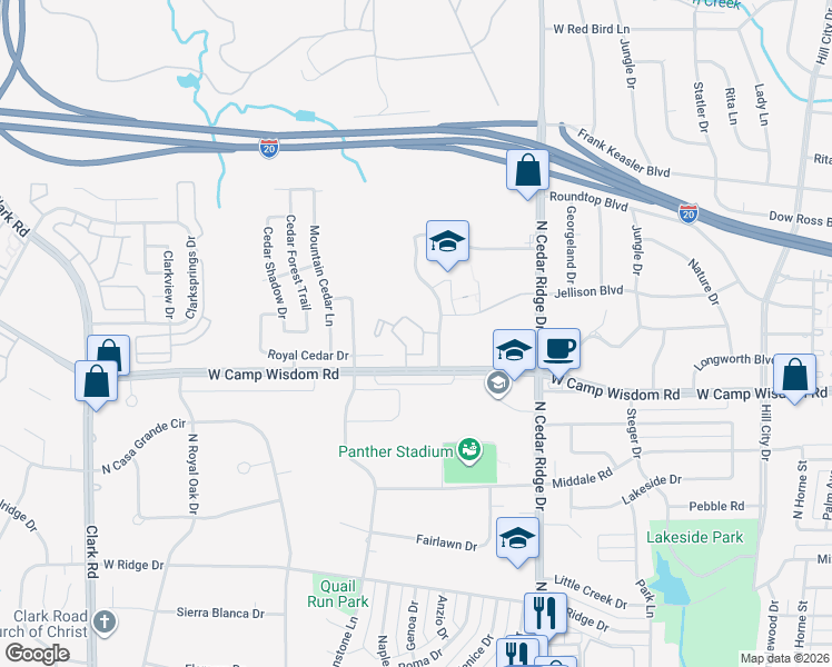 map of restaurants, bars, coffee shops, grocery stores, and more near Camp Wisdom Road in Dallas