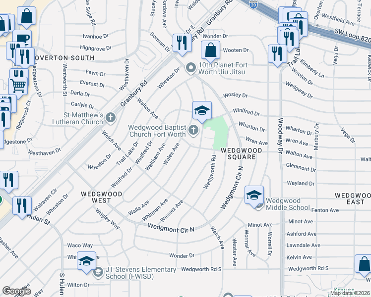 map of restaurants, bars, coffee shops, grocery stores, and more near 5601 Walla Avenue in Fort Worth