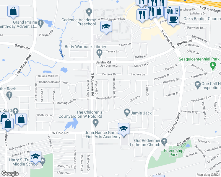 map of restaurants, bars, coffee shops, grocery stores, and more near 4430 Hanover Street in Grand Prairie