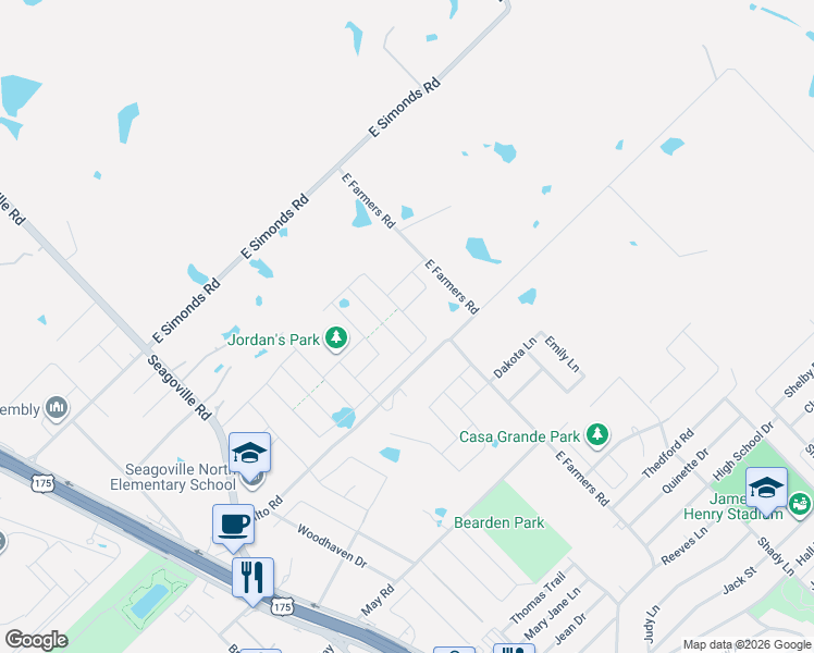 map of restaurants, bars, coffee shops, grocery stores, and more near 1801 East Farmers Road in Seagoville