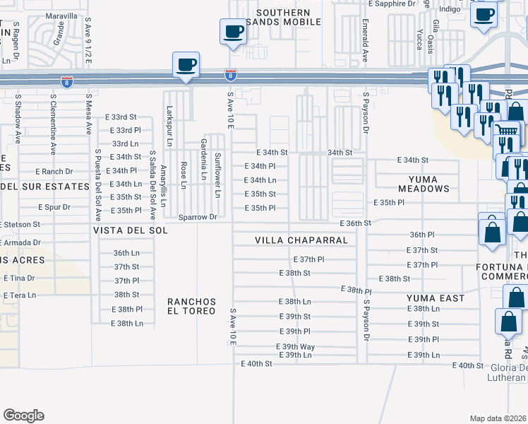 map of restaurants, bars, coffee shops, grocery stores, and more near 10186-10196 East 35th Place in Yuma