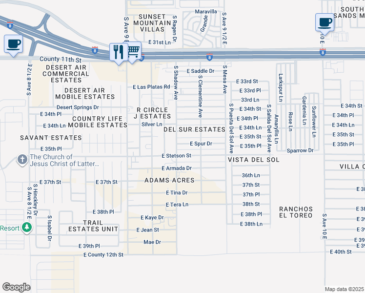 map of restaurants, bars, coffee shops, grocery stores, and more near 9329 East Spur Drive in Yuma