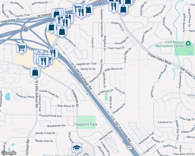 map of restaurants, bars, coffee shops, grocery stores, and more near 5100 Hawkins Cemetery Road in Arlington