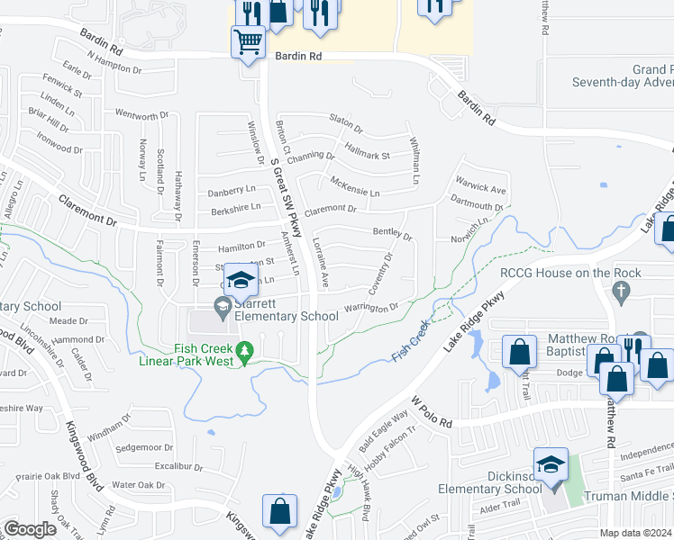 map of restaurants, bars, coffee shops, grocery stores, and more near 2513 Livingston Lane in Grand Prairie