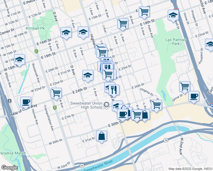map of restaurants, bars, coffee shops, grocery stores, and more near 2401 Highland Avenue in National City