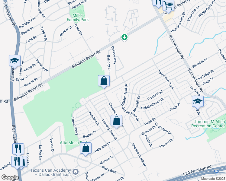 map of restaurants, bars, coffee shops, grocery stores, and more near 3322 Pacesetter Drive in Dallas
