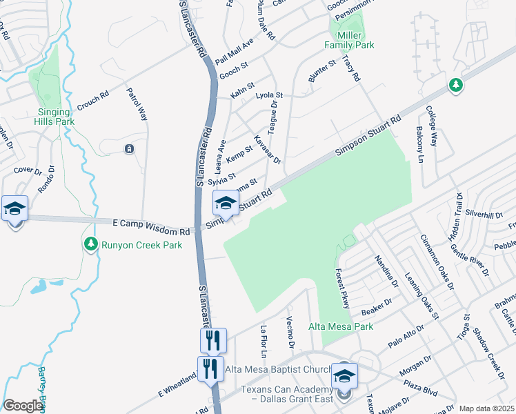 map of restaurants, bars, coffee shops, grocery stores, and more near 2526 Simpson Stuart Road in Dallas