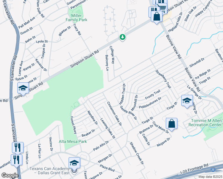 map of restaurants, bars, coffee shops, grocery stores, and more near 3322 Pacesetter Drive in Dallas