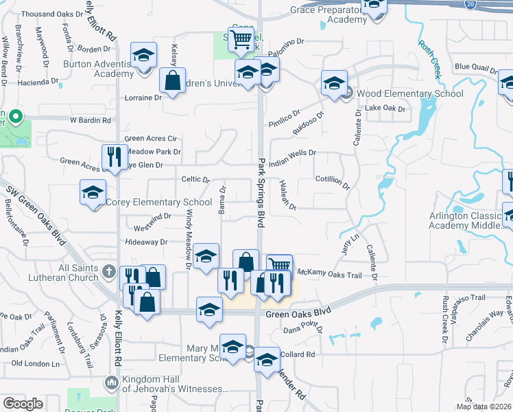 map of restaurants, bars, coffee shops, grocery stores, and more near 3800 Drew Ln in Arlington