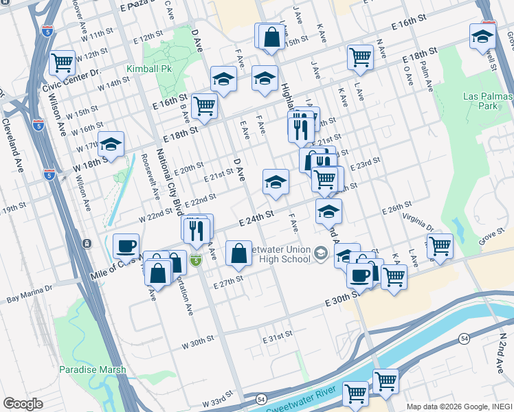 map of restaurants, bars, coffee shops, grocery stores, and more near 2323 D Avenue in National City