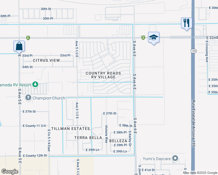 map of restaurants, bars, coffee shops, grocery stores, and more near Happy Days Pl in Yuma