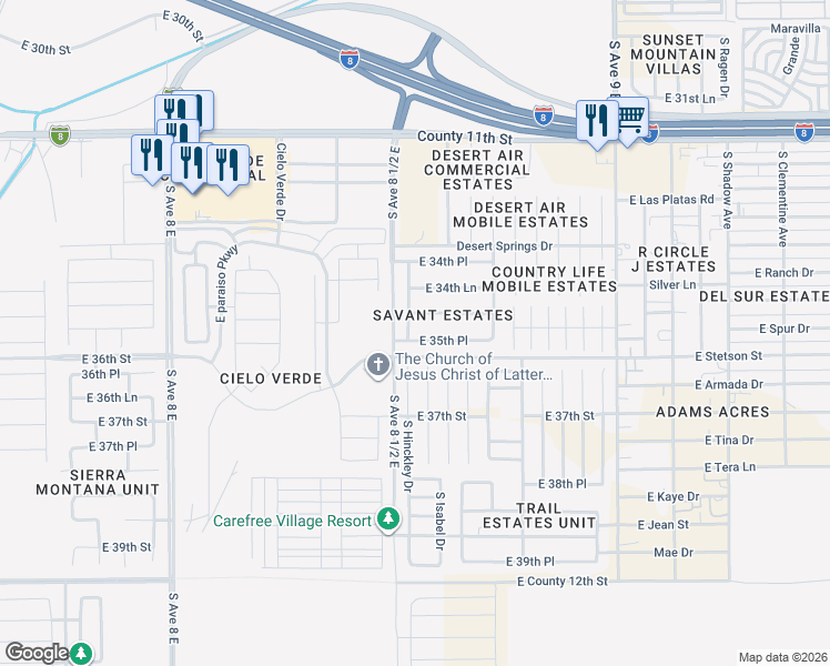 map of restaurants, bars, coffee shops, grocery stores, and more near 8552 E 35th Pl in Yuma