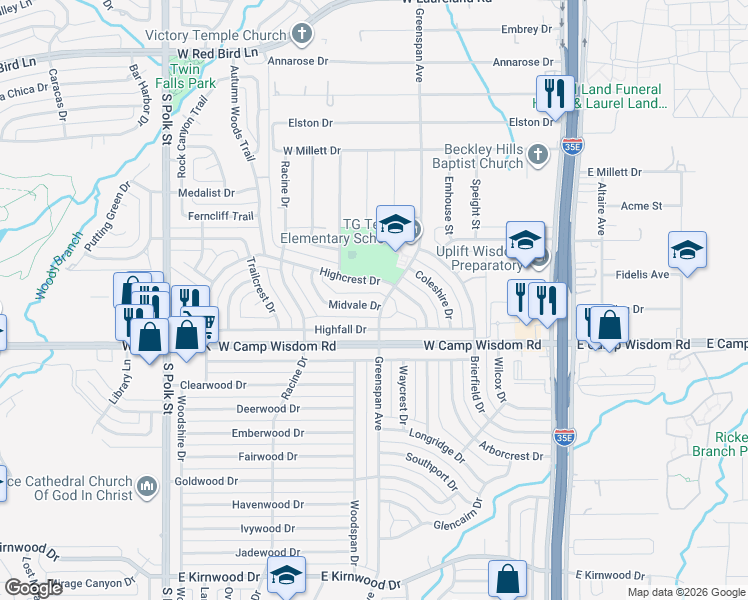 map of restaurants, bars, coffee shops, grocery stores, and more near 609 Midvale Drive in Dallas