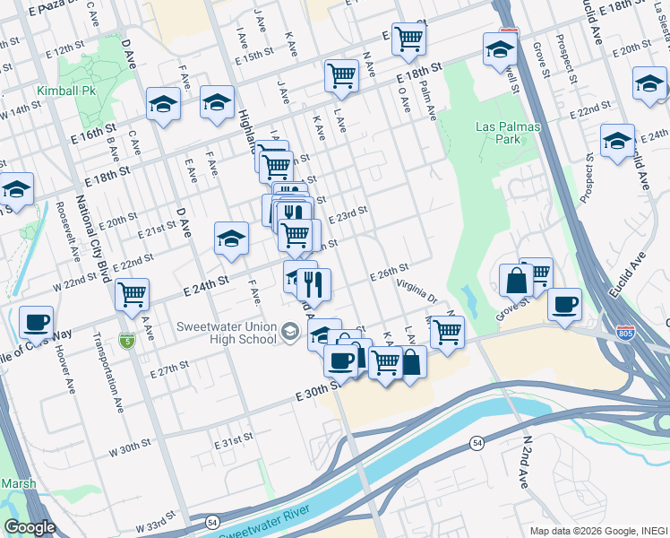 map of restaurants, bars, coffee shops, grocery stores, and more near 2 National City Boulevard in San Diego
