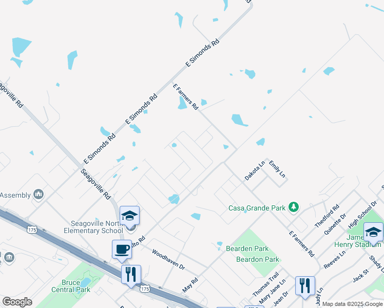 map of restaurants, bars, coffee shops, grocery stores, and more near Hialeah Drive in Seagoville