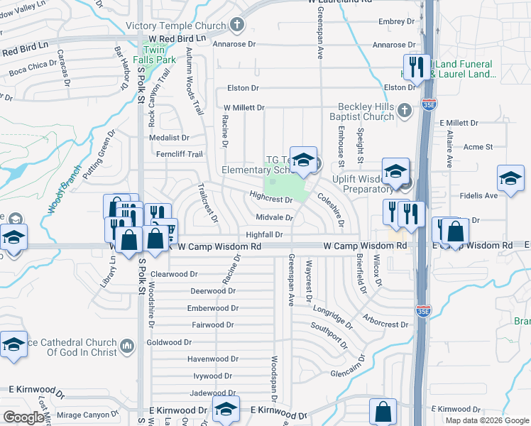 map of restaurants, bars, coffee shops, grocery stores, and more near 645 Midvale Drive in Dallas