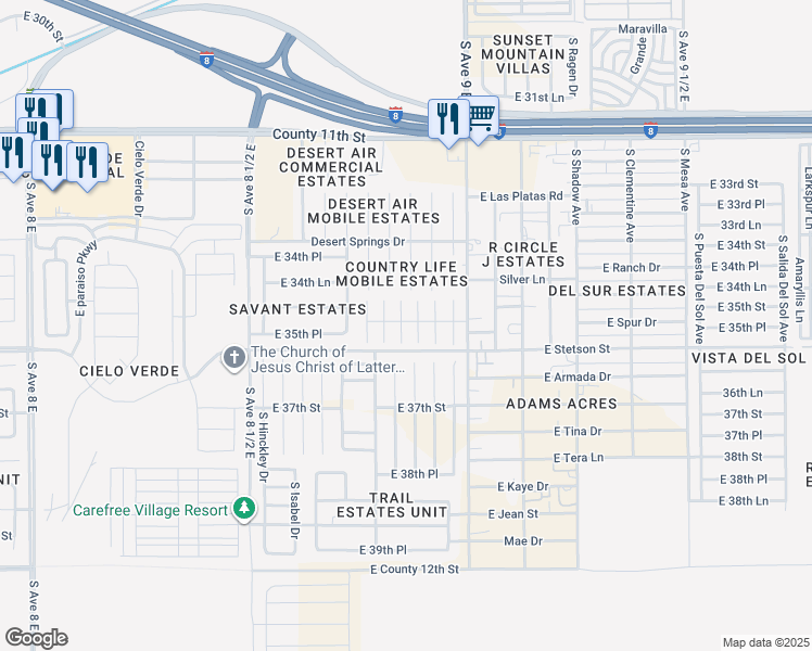 map of restaurants, bars, coffee shops, grocery stores, and more near 11470 Cardinal Drive in Yuma