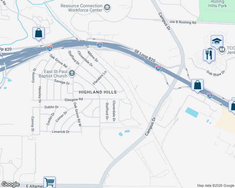 map of restaurants, bars, coffee shops, grocery stores, and more near 1540 Roma Lane in Fort Worth