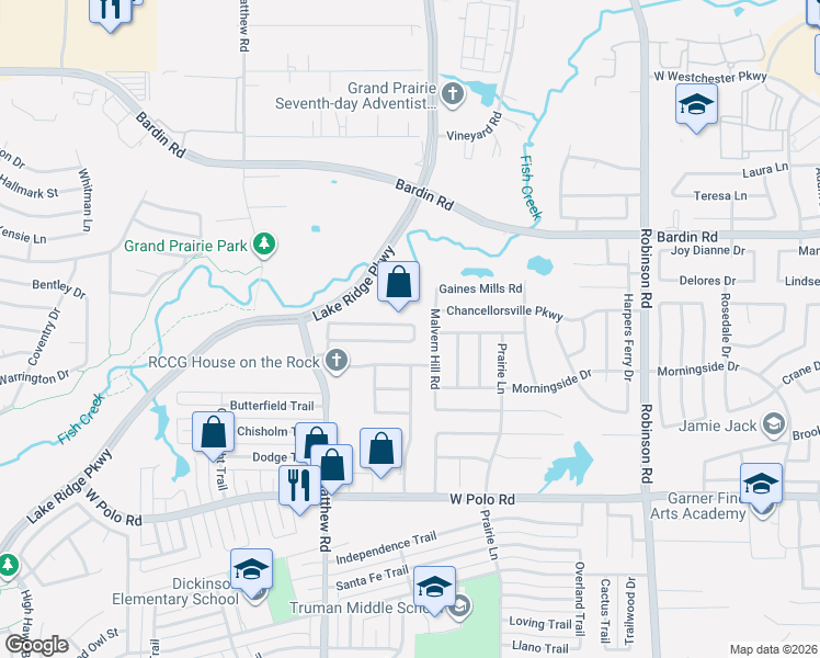 map of restaurants, bars, coffee shops, grocery stores, and more near 1601 Bent Tree Trail in Grand Prairie