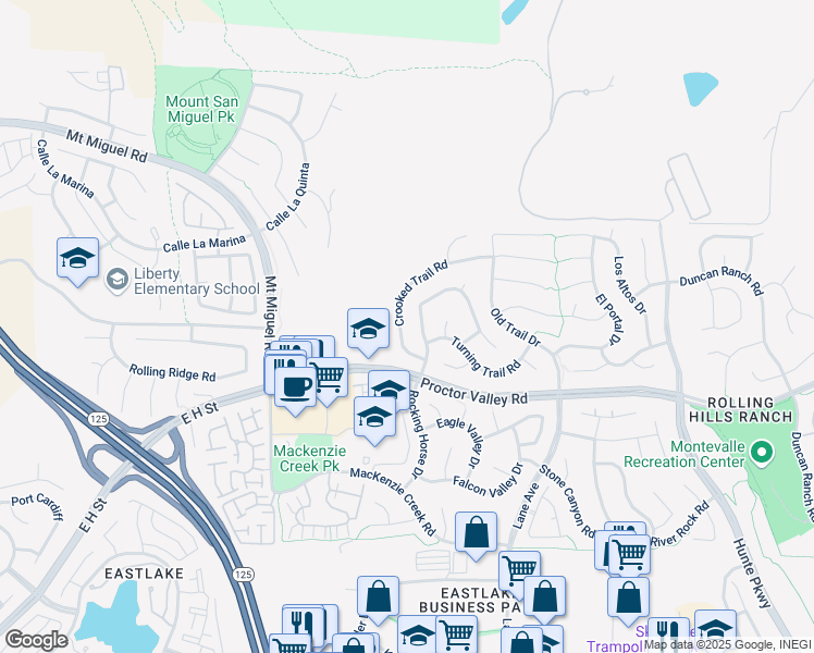 map of restaurants, bars, coffee shops, grocery stores, and more near 2436 Crooked Trail Road in Chula Vista