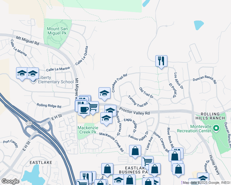map of restaurants, bars, coffee shops, grocery stores, and more near 2436 Crooked Trail Road in Chula Vista