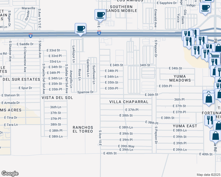 map of restaurants, bars, coffee shops, grocery stores, and more near 10191 East 35th Place in Yuma