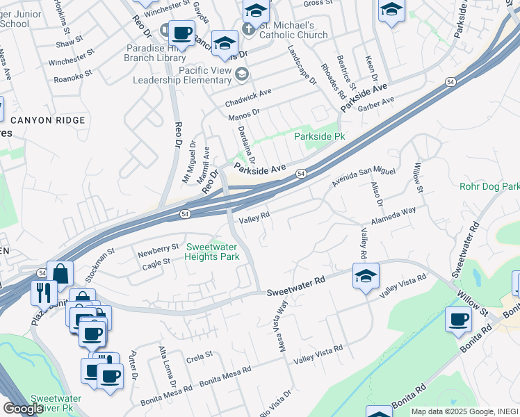 map of restaurants, bars, coffee shops, grocery stores, and more near 3431 Valley Road in Bonita
