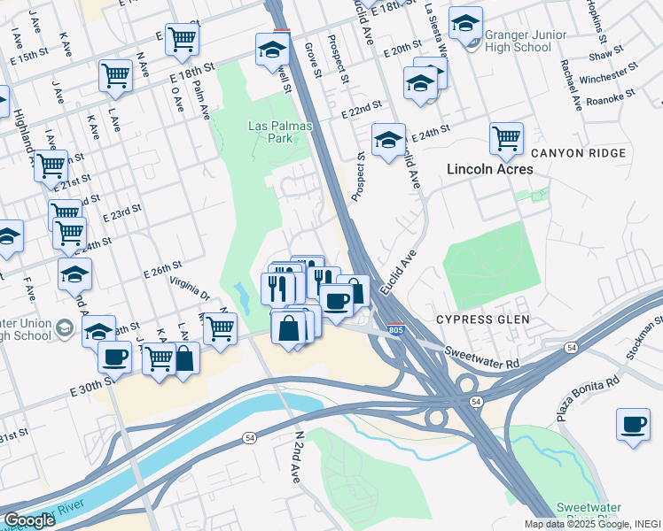 map of restaurants, bars, coffee shops, grocery stores, and more near 2774 Vista Way in National City