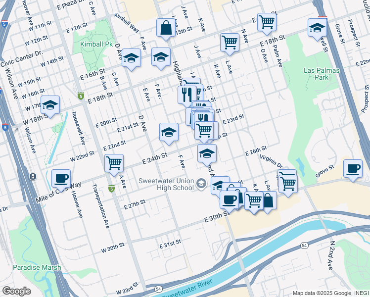 map of restaurants, bars, coffee shops, grocery stores, and more near 2332 G Avenue in National City